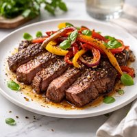 Pan Grilled Steak with Balsamic Peppers