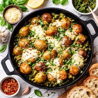 Pan Potatoes with Garlic Pesto and Mozzarella Cheese