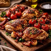 Pan Roasted Mediterranean Chicken with Bacon Vine Tomatoes