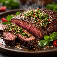 Pan Seared Flat Iron Steak with Spicy Minted Drizzle
