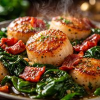 Pan Seared Scallops with Bacon and Spinach