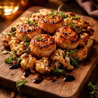 Pan Seared Scallops with Cauliflower and Balsamic Syrup