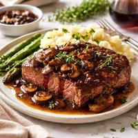 Pan Seared Steak with Mushroom Merlot Sauce