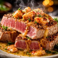 Pan Seared Tuna with Smokey Lobster Butter Sauce