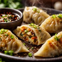 Pan Steamed Vegetable Dumplings with Soy Dipping Sauce