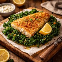 Panko Crusted Fish Served Over Kale