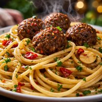 Pasta Aglio Olio with Seitan Meatballs