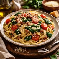 Pasta Carbonara with Spinach and Tomatoes