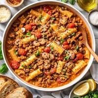 Pasta in Sausage Cremini and Tomato Cream Sauce