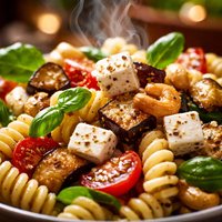 Pasta Salad with Feta Cheese Eggplant and Cashew Nuts
