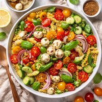 Pasta Salad with Herbed Marinated Mozzarella and Cherry Tomatoes