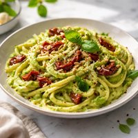 Pasta Served with Avocado Sauce with Sun Dried Tomatoes