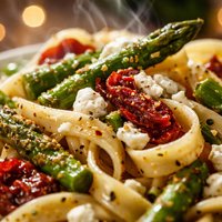 Pasta with Asparagus Sun Dried Tomatoes and Goat Cheese