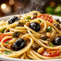 Pasta with Capers Olives and Pine Nuts