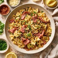 Pasta with Caramelized Onions Cabbage and Smoked Ham