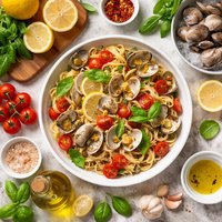 Pasta with Cherry Tomatoes Basil Lemon and Clams