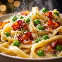 Pasta with Creamy Bacon and Pea Sauce