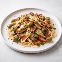 Pasta with Green Olives Bacon Mushroom and Artichoke