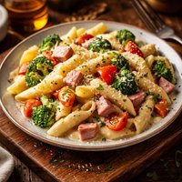Pasta with Ham Veggies and Cheese Sauce