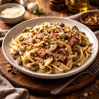 Pasta with Mushroom Bacon and Walnut Sauce