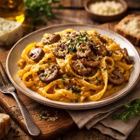 Pasta with Mushrooms and Pumpkin Gorgonzola Sauce
