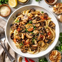 Pasta with Mushrooms Roasted Garlic and Chile