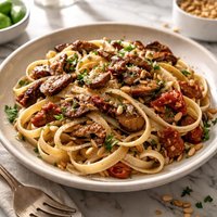 Pasta with Mushrooms Sun Dried Tomatoes and Pine Nuts
