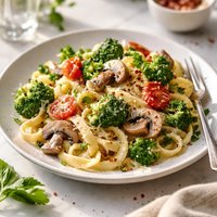 Pasta with Mushrooms Tomatoes and Broccoli Cream