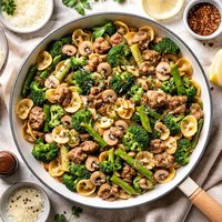 Pasta with Sausage Broccoli Asparagus Mushrooms