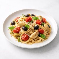 Pasta with Sauteed Tomatoes Olives and Artichokes