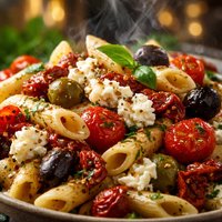 Pasta with Sun Dried Tomatoes Cherry Tomatoes Olives and Goat