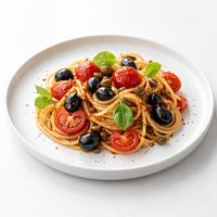 Pasta with Tomatoes Black Olives and Capers