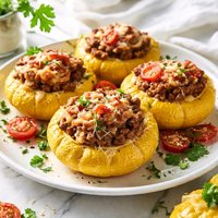 Pattypan Squash with Pastitsio Topping