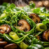 Pea Tendrils with Baby Portabellas and Leeks