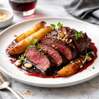 Pear and Red Wine Glazed Kangaroo Fillet or Beef with Macadami