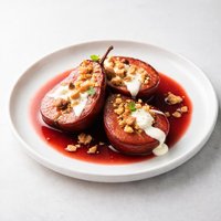 Pear Halves Poached in Sangria with Toffee and Cream