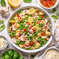 Peas Pasta and a Red Pepper Vinaigrette Salad
