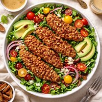 Pecan Crusted Chicken Tenders Over Salad