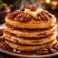 Pecan Pancakes with Buttered Pecans and Warm Maple Syrup