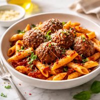 Penne and Meatballs with Red Pepper Sauce