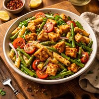 Penne Crispy Tofu and Green Bean Salad