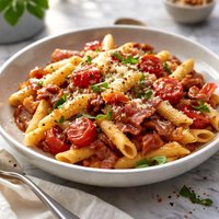 Penne Noodles with Tomatoes Cheese and Bacon