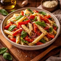 Penne Pasta Salad with Roasted Red Peppers and Fresh Basil