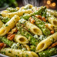 Penne with Blue Cheese Pesto Walnuts and Asparagus