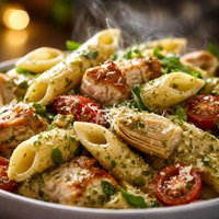 Penne with Chicken Artichokes and Pesto Cream