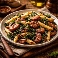 Penne with Collards Sausage and Mushrooms