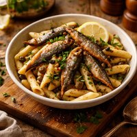 Penne with Fried Sardines Capers and Parsley