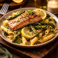 Penne with Grilled Salmon Asparagus and Lemon Butter
