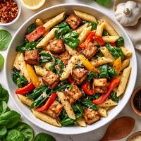 Penne with Roasted Tofu Peppers and Spinach in Garlic Sauce