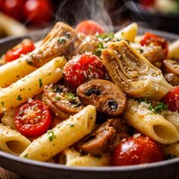 Penne with Tomatoes Artichokes and Mushrooms
